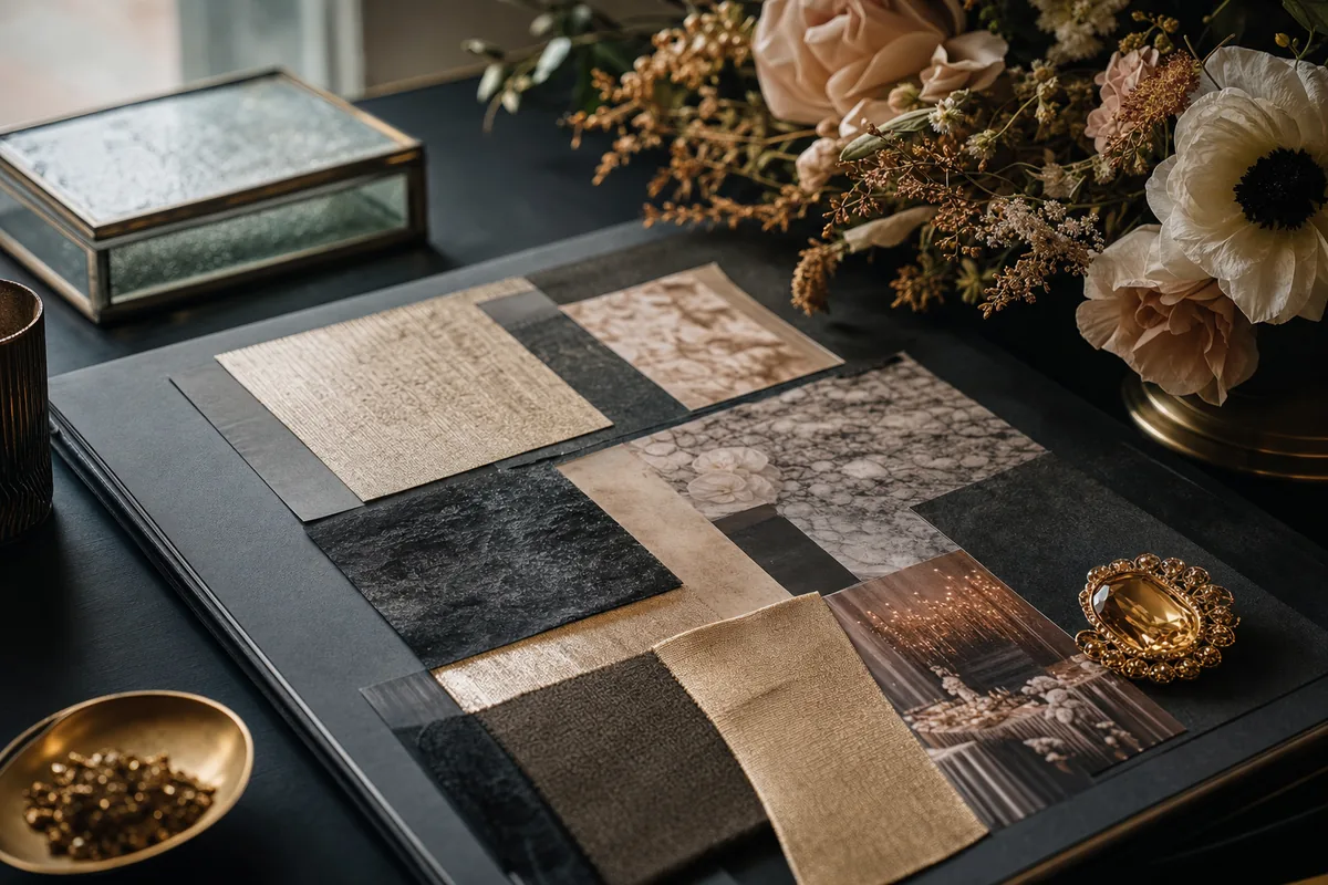 Moodboard flat-lay with fabric swatches, gold gem ornament, and florals