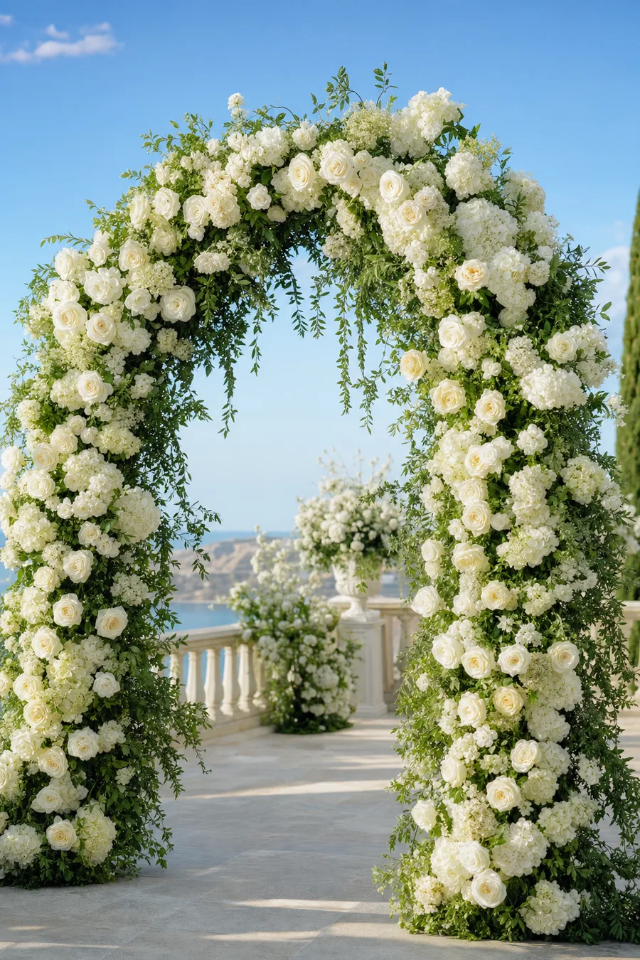 Dramatic floral entrance arch with candelabras at a luxury event