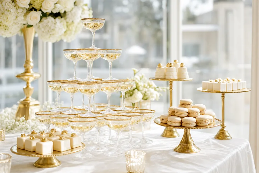 Champagne coupe tower and dessert display at a celebration