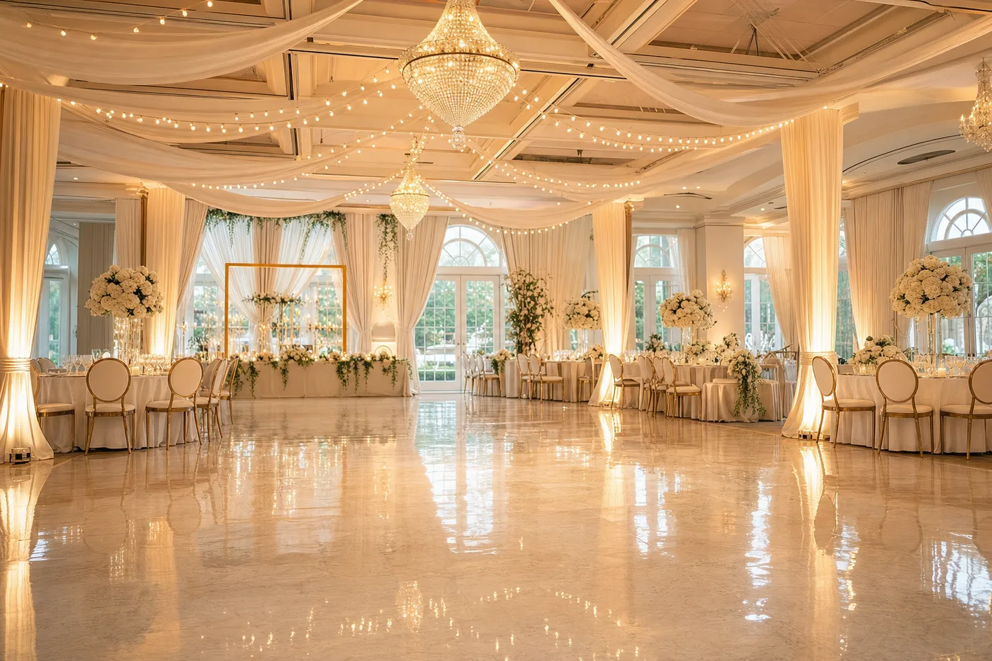 Ballroom dance floor with gold uplighting and string lights