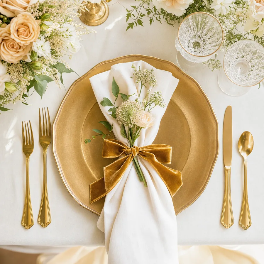 Elegant place setting with gold charger plate and velvet ribbon