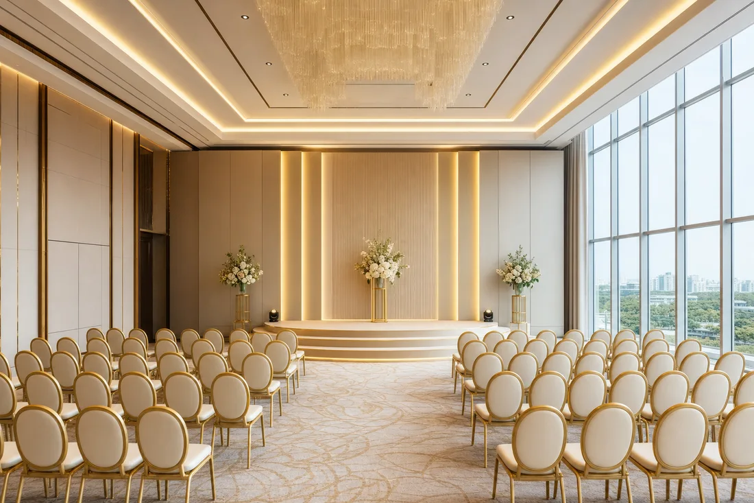 Corporate gala stage setup with dark draping and gold uplighting