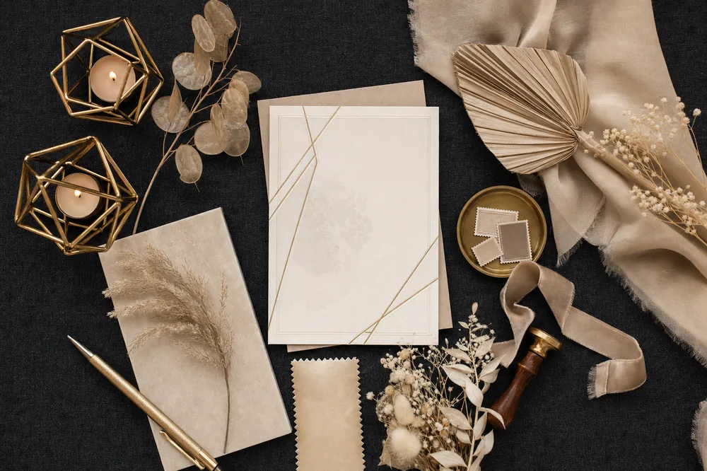 Flat-lay of event stationery, ribbon, and gold candle holders on dark linen