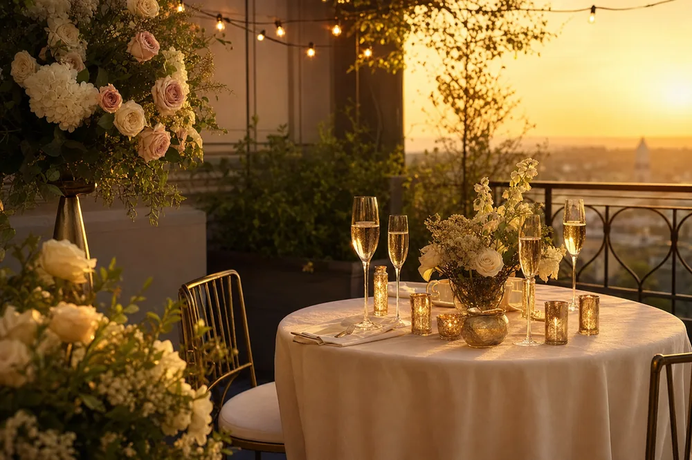 Intimate rooftop terrace table setting at golden hour with champagne glasses