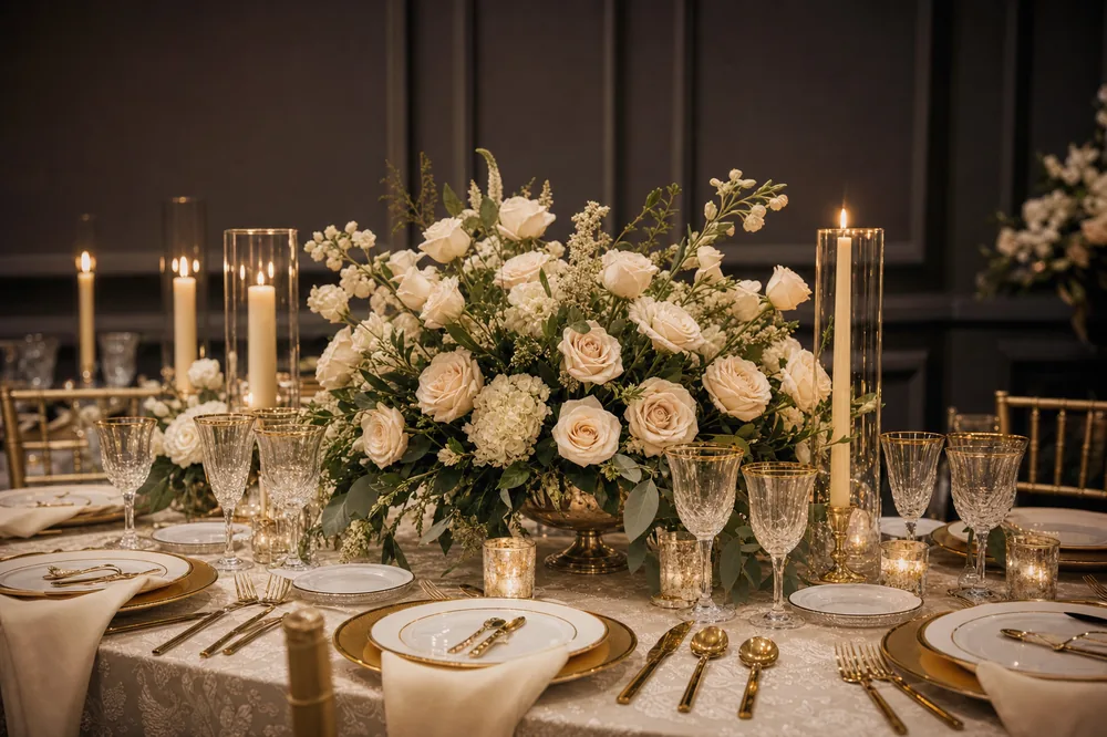 Elegant candlelit wedding reception tablescape with ivory and gold florals
